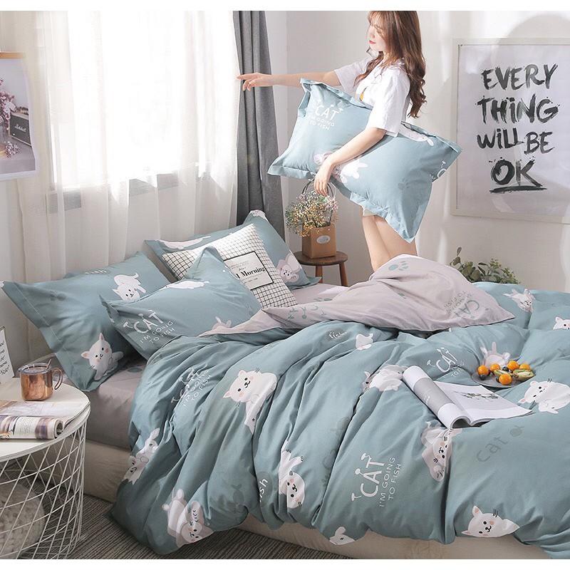 Bộ chăn ga gối Cotton Poly M2T bedding Mèo lười, vỏ chăn mền, drap giường và 2 vỏ gối