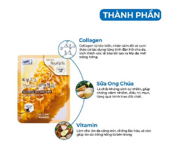 Mặt nạ giấy dưỡng trắng da dưỡng ẩm chống lão hóa chiết xuất từ sữa ong chúa 3W CLINIC FRESH ROYAL JELLY MASK SHEET 23G