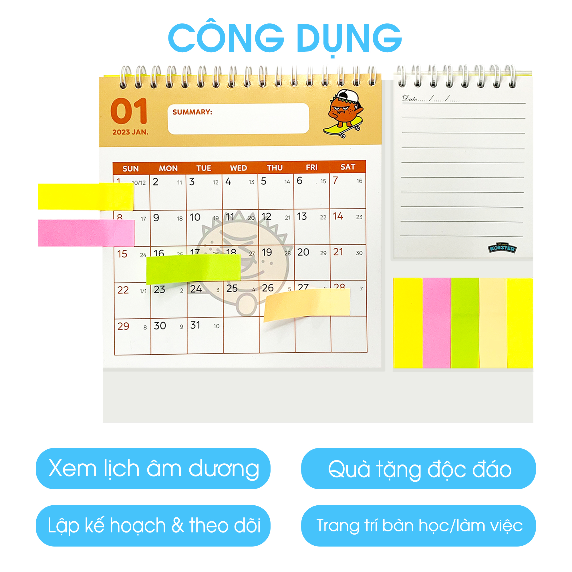 Lịch để bàn 2023 ngày âm dương, sổ tay mini và giấy note ghi chú kế hoạch thiết kế độc quyền