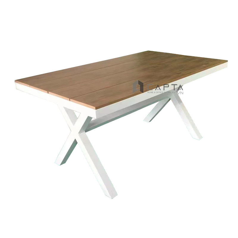 Bàn ăn 1m4 ngoài trời chân chữ X TE2035-140A Nội thất Capta Bàn outdoor nhà hàng café mặt gỗ nhựa chân nhôm sơn tĩnh điện chống thấm