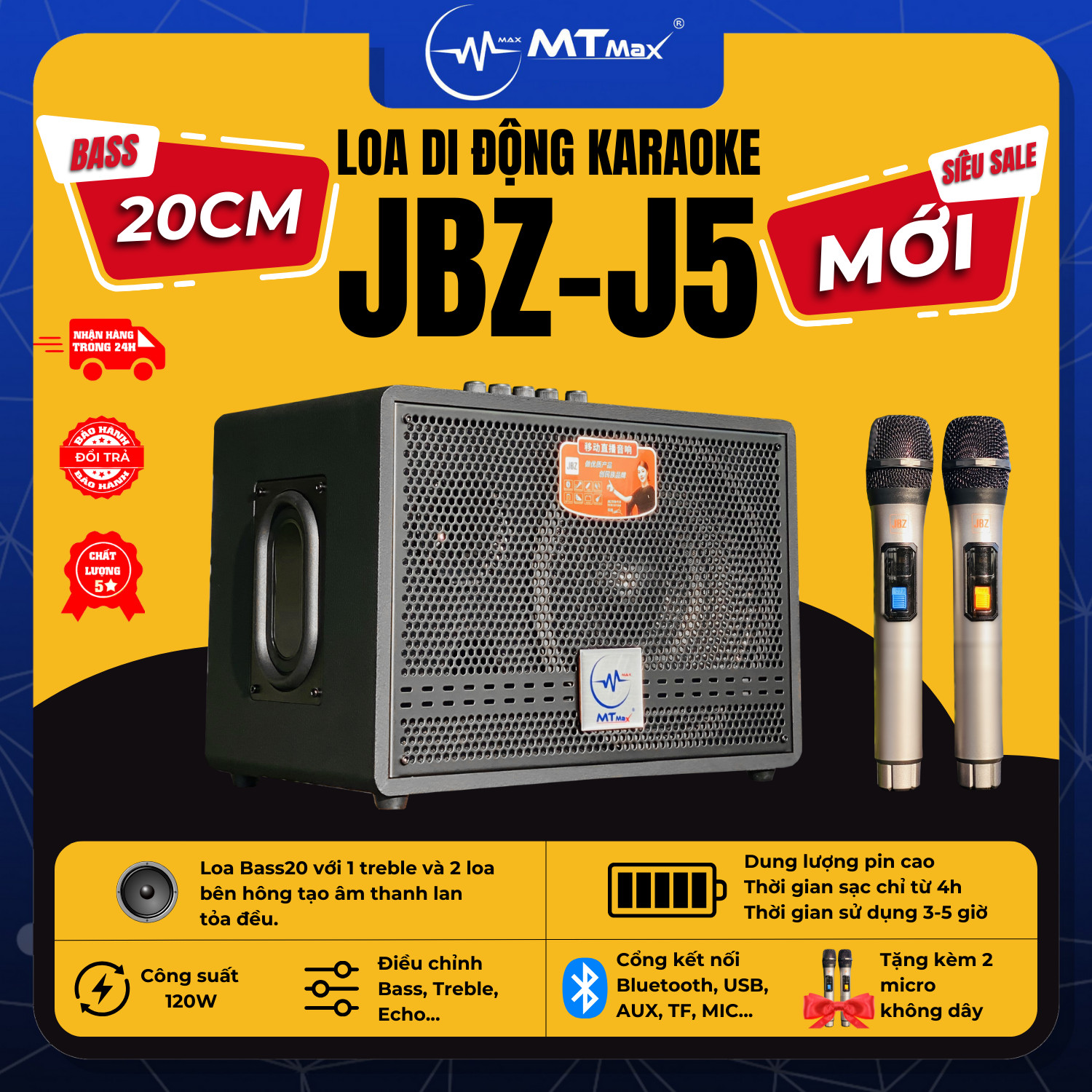 Loa Xách Tay Di Động JBZ J5 Bass 20cm Siêu Trầm Kèm 2 Micro Không Dây Bảo Hành 12 Tháng Hàng Chính Hãng