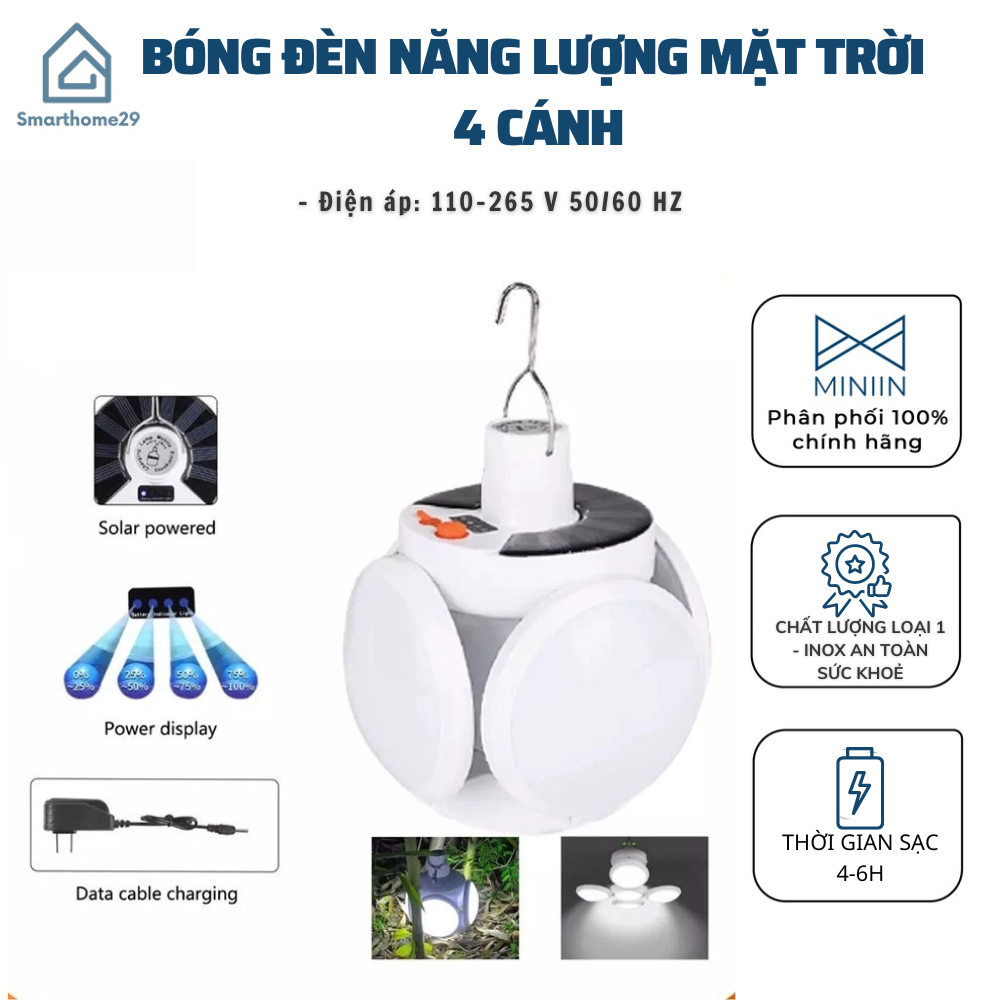 Bóng Đèn Tích Điện 40W , Năng Lượng Mặt Trời 4 Cánh ,Đèn Led Siêu Sáng ,Tiết Kiệm Điện Năng , Chống Nước - HÀNG CHÍNH HÃNG MINIIN