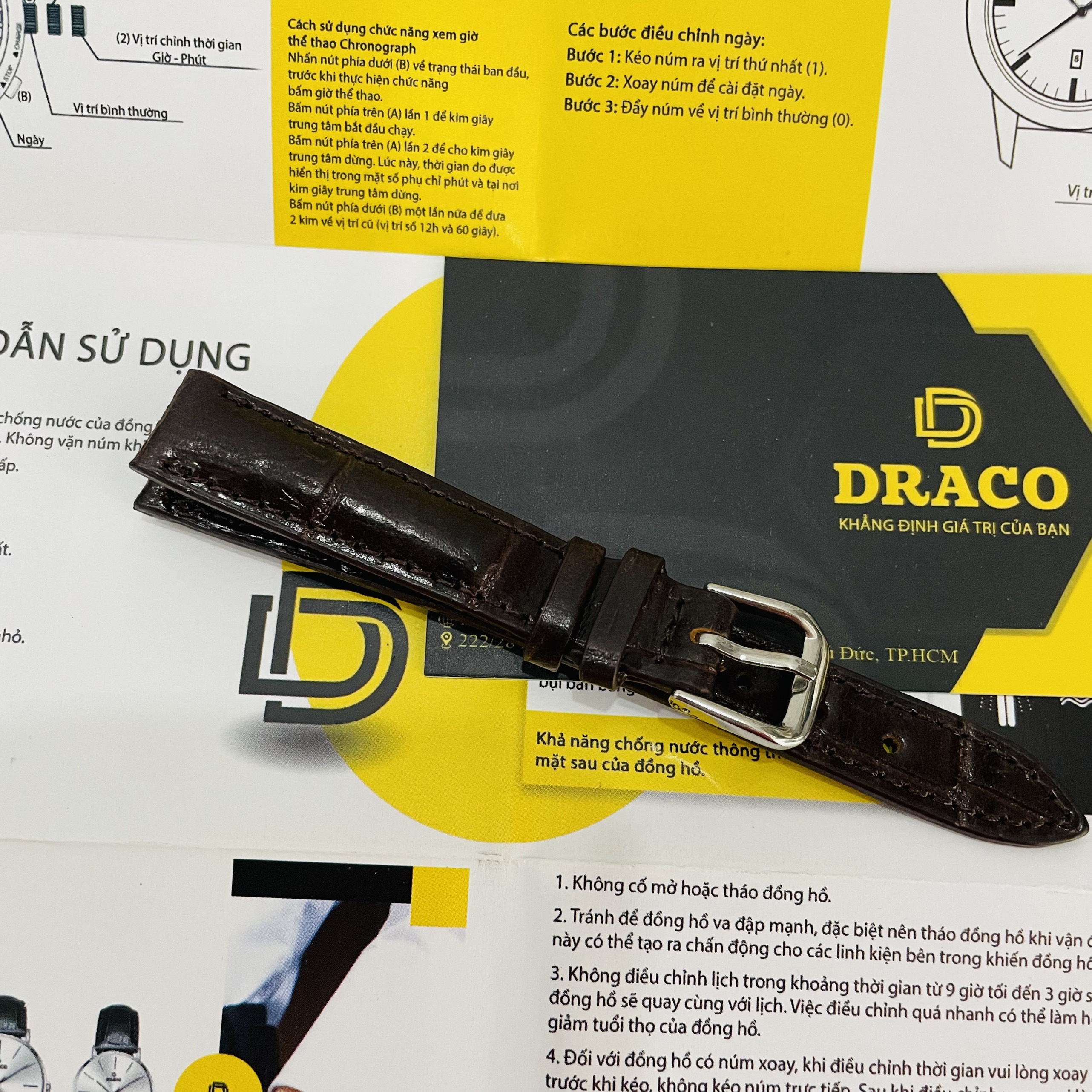 Dây da đòng hồ Draco DDDH03 màu đen - size 14 nữ chất liệu da bò thật cao cấp dập vân cá sấu