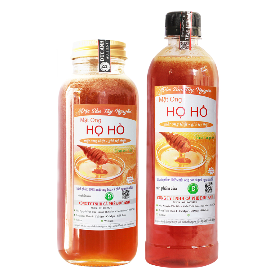 Combo 2 Chai Mật ong nguyên chất hoa cà phê HỌ HỒ (Chai thủy tinh 300ml + Chai Pet 500ml)