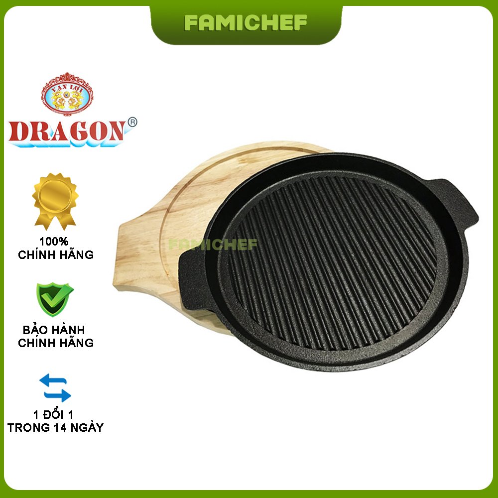 Chảo gang nướng chống dính BBQ kèm đế lót gỗ Dragon D080