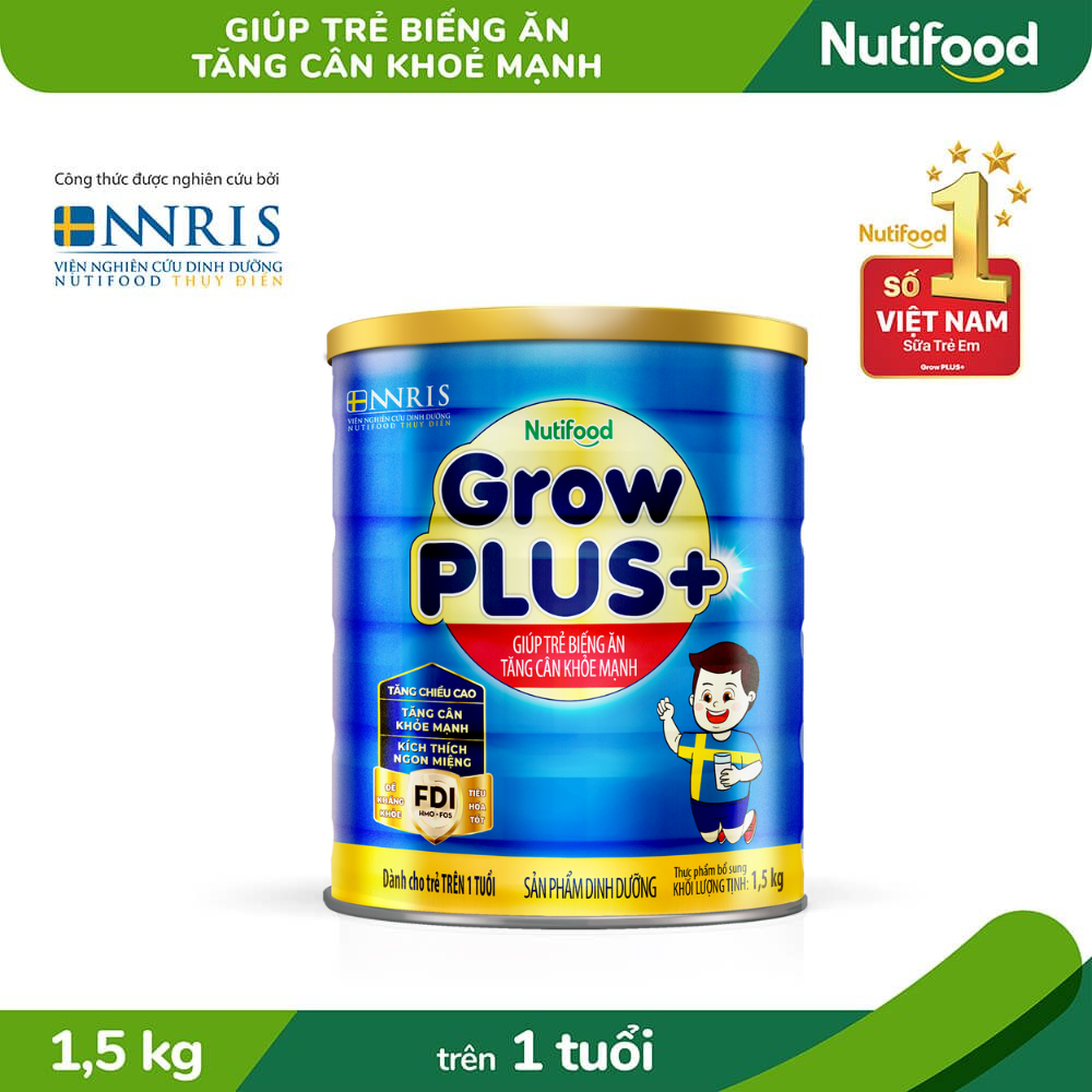 [Combo 3 lon còn 1tr030]Sữa Bột Nutifood GrowPLUS+ Biếng Ăn 1.5kg - Tăng Cân Khỏe Mạnh (Lon 1.5kg)