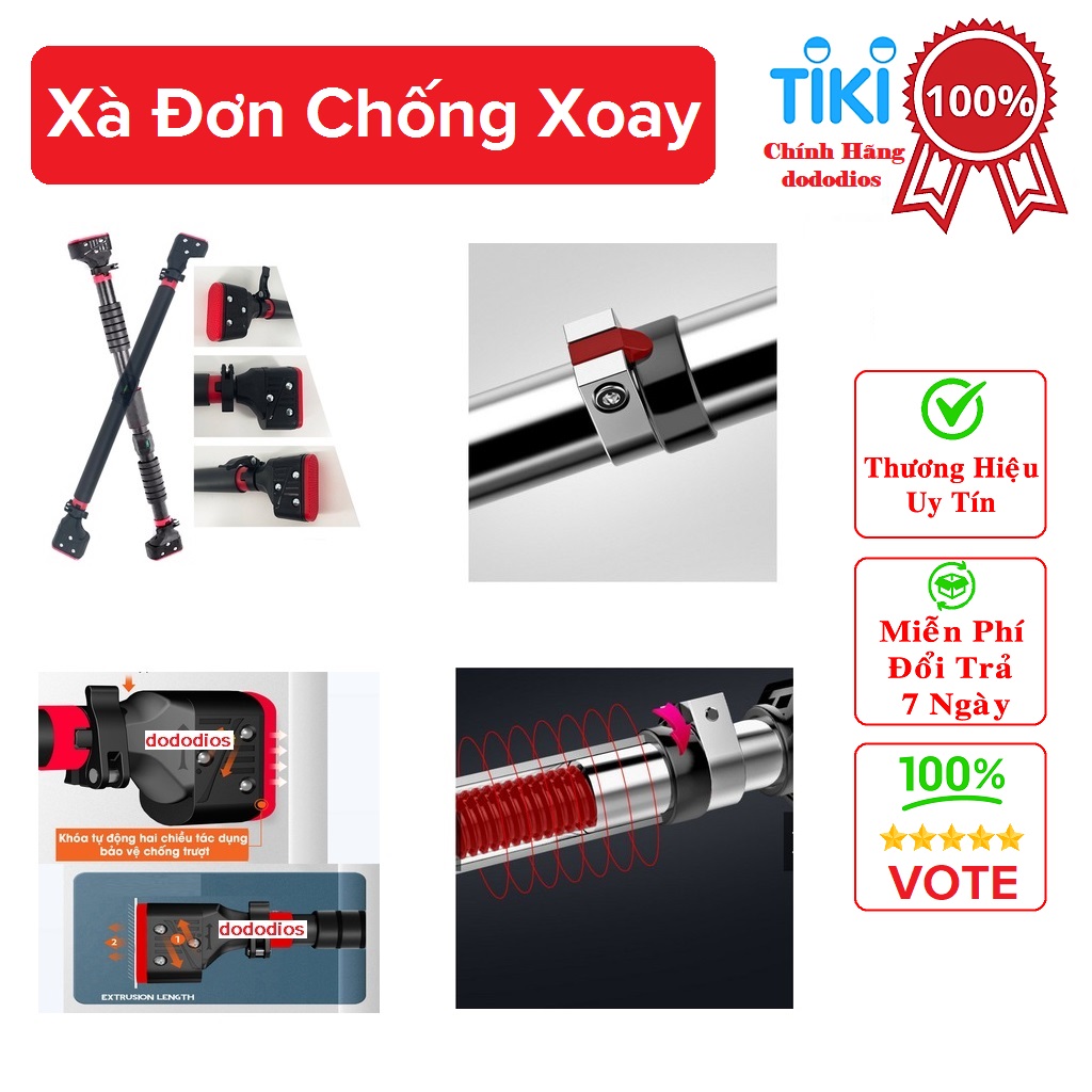 Xà Đơn Treo Tường Gắn Cửa Điều Chỉnh Độ Dài Linh Hoạt, Mẫu Mới Chất Liệu Thép Không Gỉ Chịu Lực 150kg, Tay Cầm Bọc Đệm PVC Chống Trượt - Chính hãng dododios