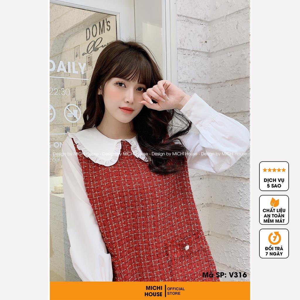 Đầm Suông Đỏ Cổ Tay Trắng Dáng Xuông Rộng Xinh MICHI House V316 Đầm Dạ Tweed Thu Đông Thiết kế Xuông Rộng Mặc Bầu Xinh