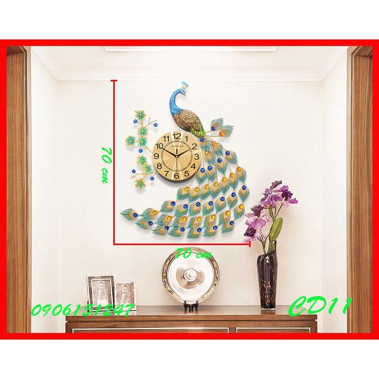 Đồng hồ treo tường trang trí decor chim công CD11 Khổng Tước xanh kích thước 70 x 60 cm