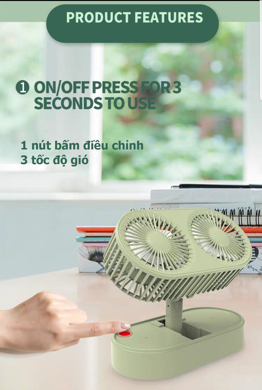 Quạt mini tích điện để bàn, văn phòng làm việc FY050 hoạt động êm ái, 3 tốc độ gió mạnh mẽ, không gây tiếng ồn, xoay linh hoạt 210 độ