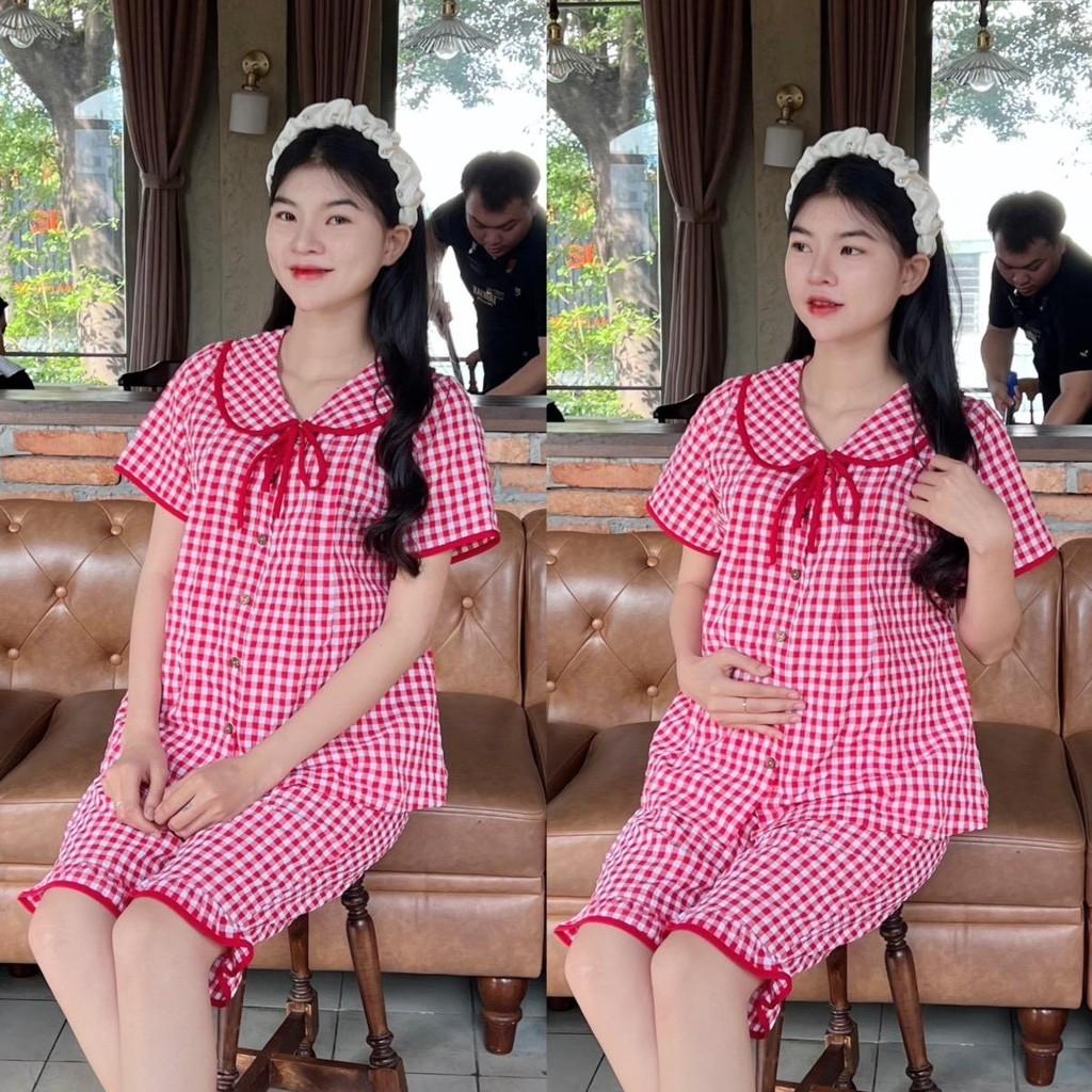 Bộ Đồ Bầu Lửng Karo Mẫu Mới Mùa Hè 2025 Mặc Nhà Chất Cotton Hàn Nhẹ Mát Có Chun Điều Chỉnh - Đỏ