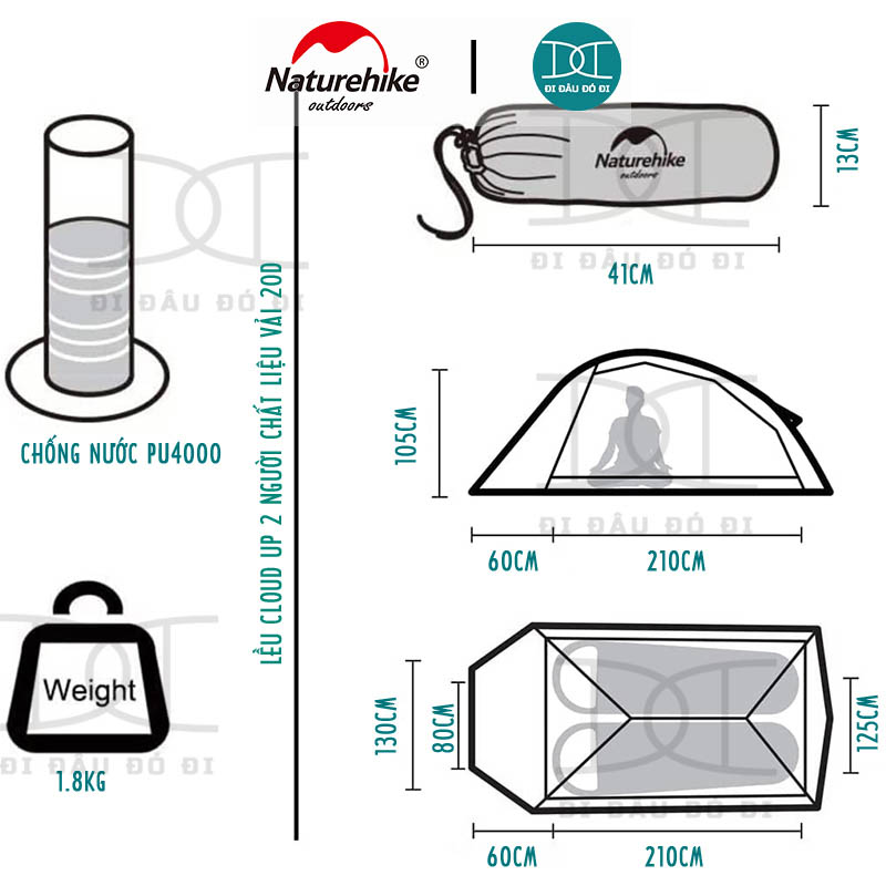 Lều cắm trại 2 người siêu nhẹ Naturehike Cloud up 2 chính hãng NH17T001-T