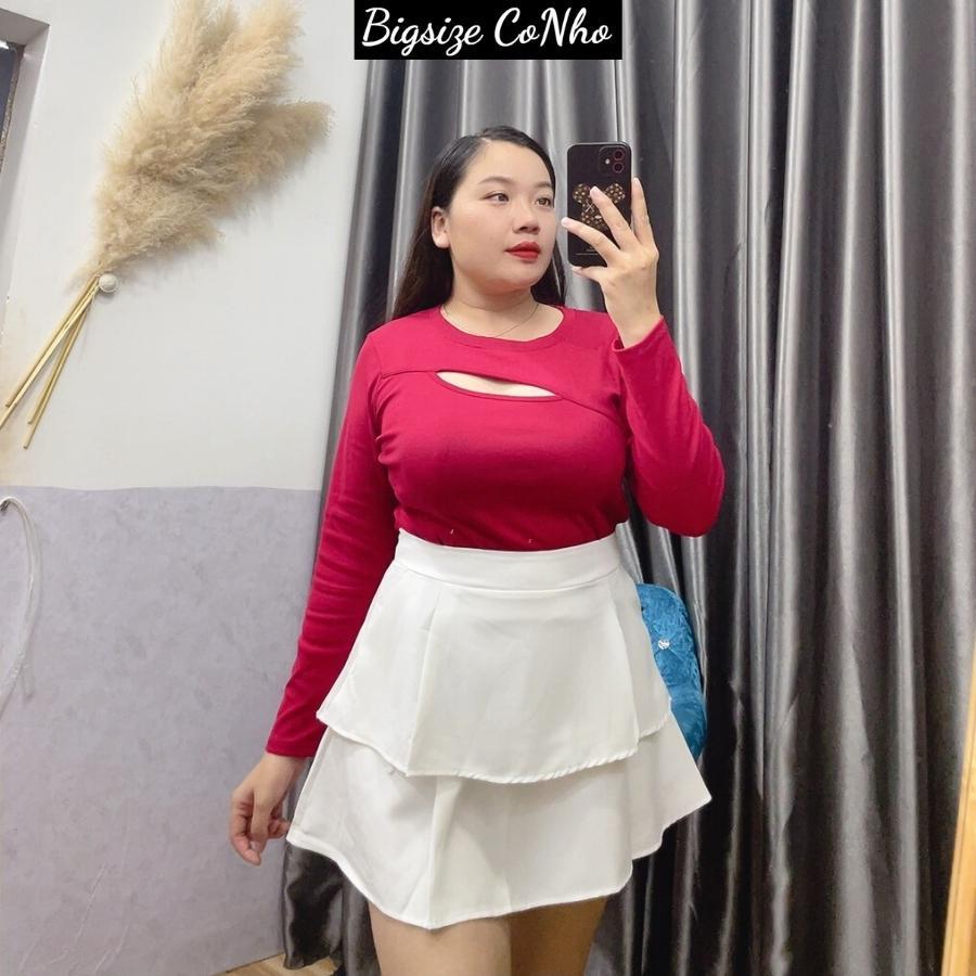 BIGSIZE 60-95KG Áo thun kiểu tay dài bigsize nữ xẻ ngực, Áo phông oversize sang chảnh TD3 - Màu Đỏ