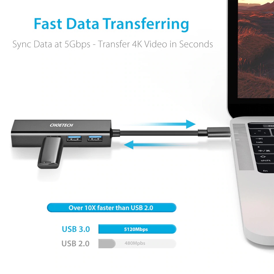 Hub Adapter 4 in 1 CHOETECH U02BK chuyển từ Type-C ra 3 cổng USB 3.0 & cổng LAN RJ45 dùng cho Macbook / Laptop - Hàng chính hãng