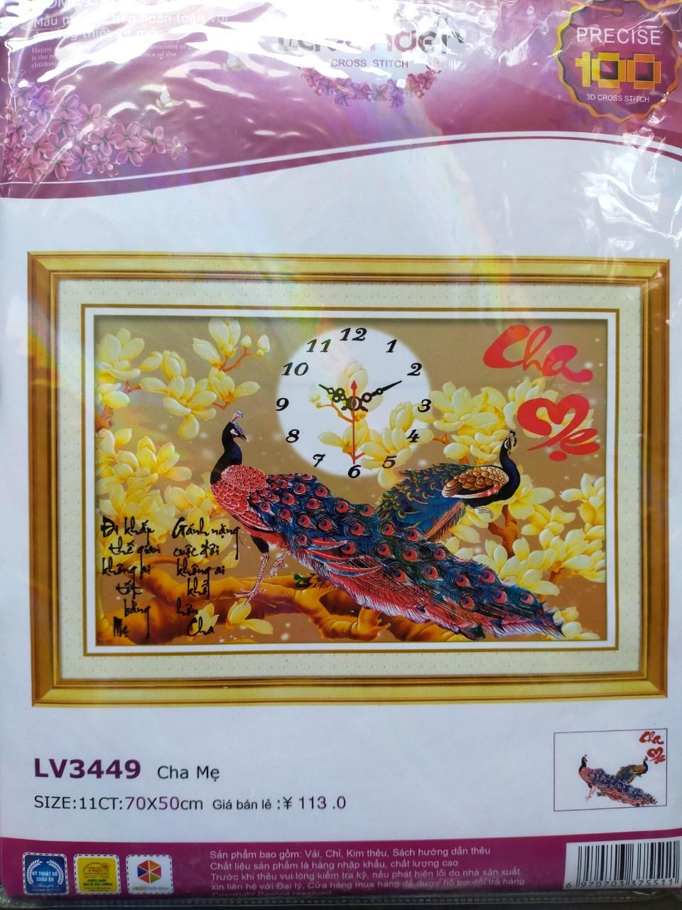 Tranh thêu đồng hồ chim công LV3449 - 70 x 50 cm - chưa thêu