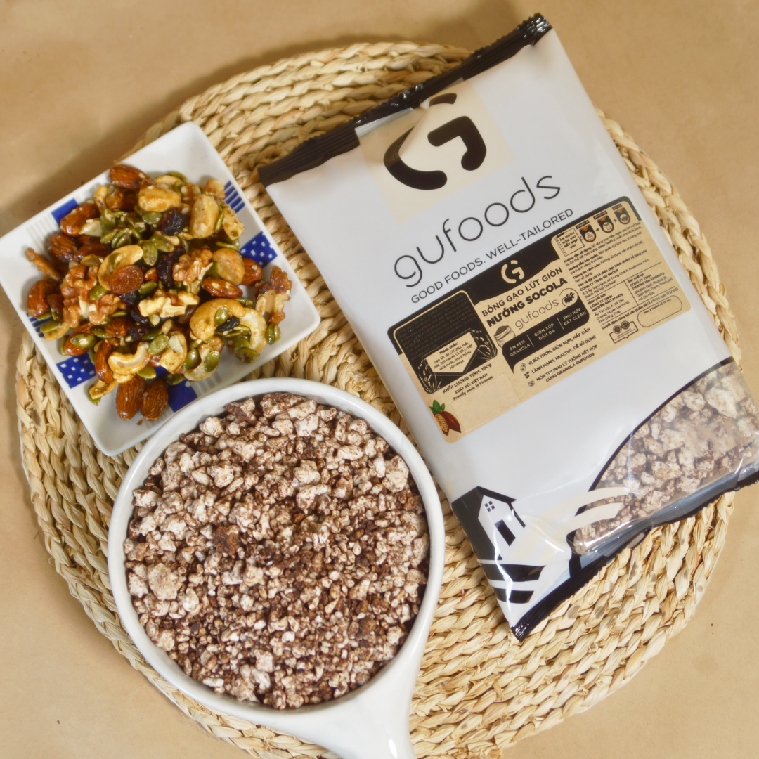 Bỏng gạo lứt giòn nướng socola GUfoods - Ăn kèm granola, Giòn xốp đậm đà, Giàu chất xơ, Thuần chay, Eat clean