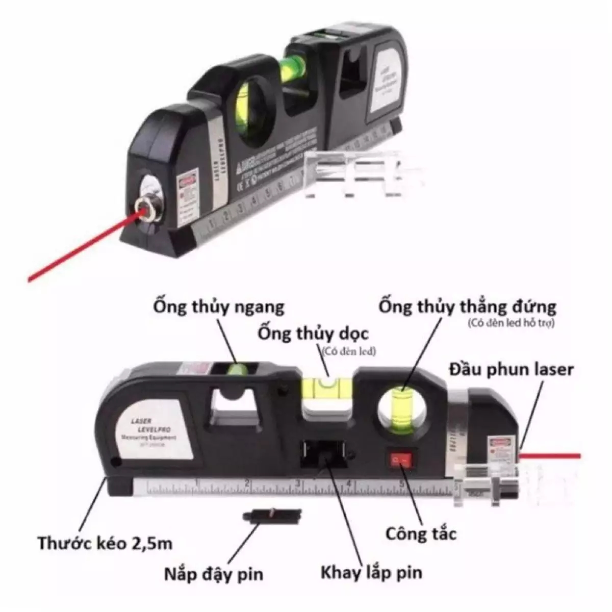 Thước đo khoảng cách bằng laser - máy đo khoảng cách laser cầm tay giá rẻ - Đa chức năng: nằm, đứng, xiên 45 °, thước rút 2.5m, thước 15cm, laser đo cân bằng ngang (Tặng Kèm Thước dây)