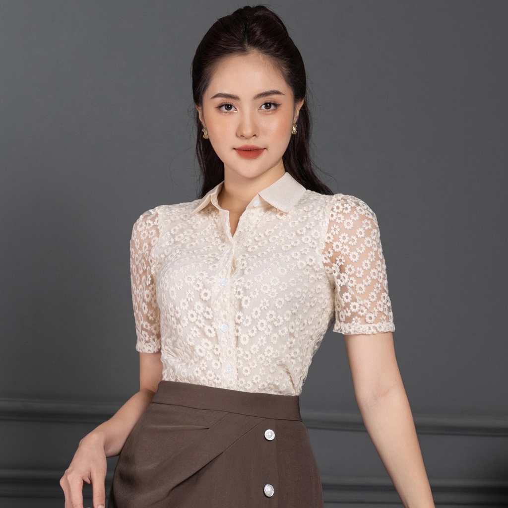 Áo sơ mi cổ đức ngắn tay ren hoa công sở thiết kế thời trang UK Fashion màu kem Hàn Quốc NKSM2206015 không nhăn - M