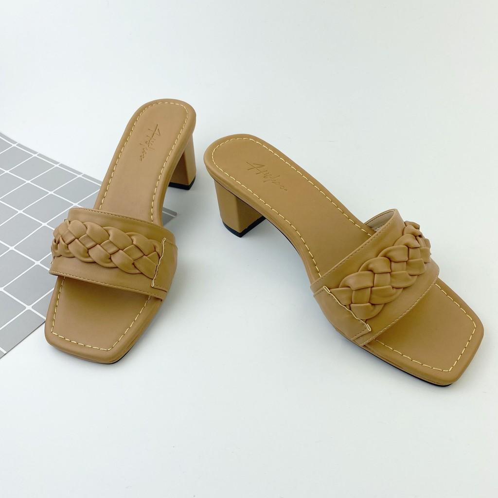 Dép cao gót nữ đế vuông dáng guốc sandal cao 5 phân quai ngang thời trang chính hãng HISHOO S054