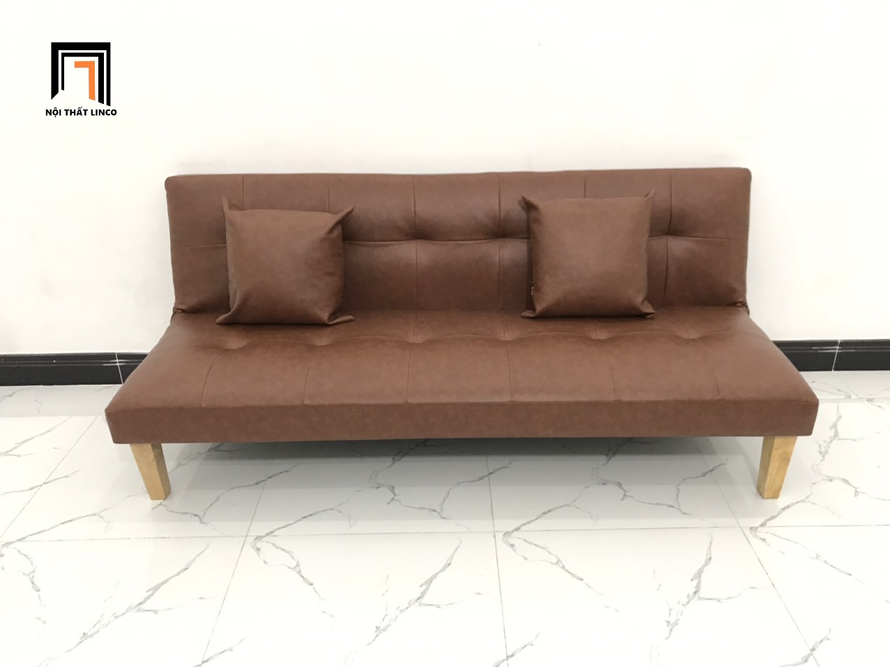 Ghế sofa bed phòng khách nhỏ nâu đậm simili giả da nhiều kích cỡ