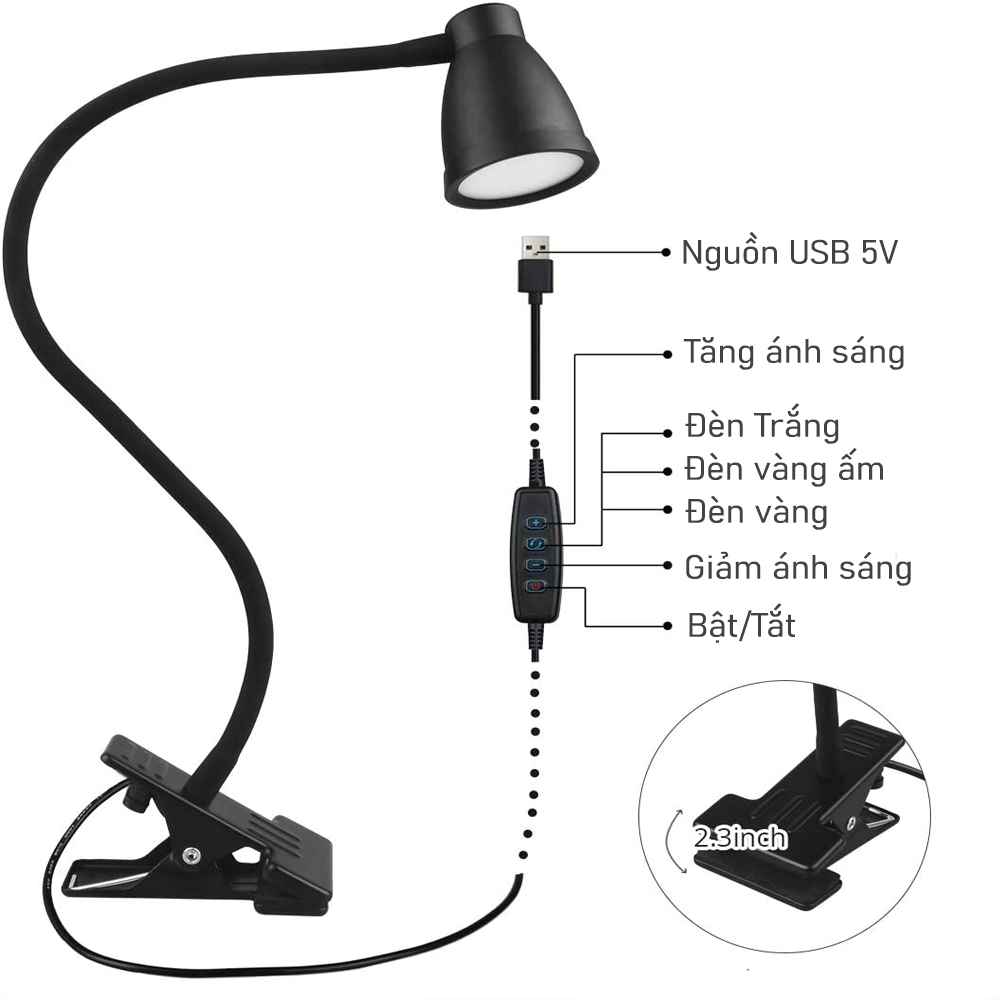 Đèn học, Đèn đọc sách kẹp đầu giường đa năng bóng LED 3 chế độ ánh sáng 3W, Nguồn USB 5V