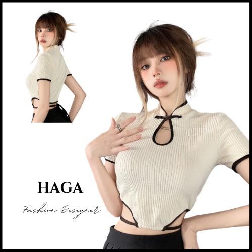 Áo croptop tay ngắn HAGA áo cổ tàu nữ buộc eo xinh xắn CTBL51