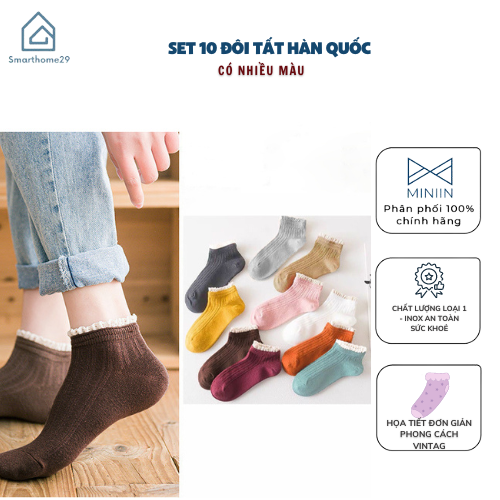 Set 10 Đôi Tất Nữ Cổ Ngắn Nhún Bèo phong cách Hàn Quốc xinh xắn dễ thương nhiều màu - HÀNG CHÍNH HÃNG MINIIN