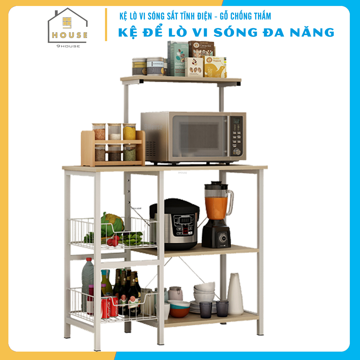 Kệ lò vi sóng đa năng 185N thương hiệu 9House kệ bếp để lò nướng nồi cơm điện kèm giá rổ để rau củ gia vị loại khung sắt dày sơn tĩnh điện chống rỉ mặt gỗ MDF lõi xanh chống ẩm bề mặt phủ melamine chống thấm cao cấp - Hàng chính hãng