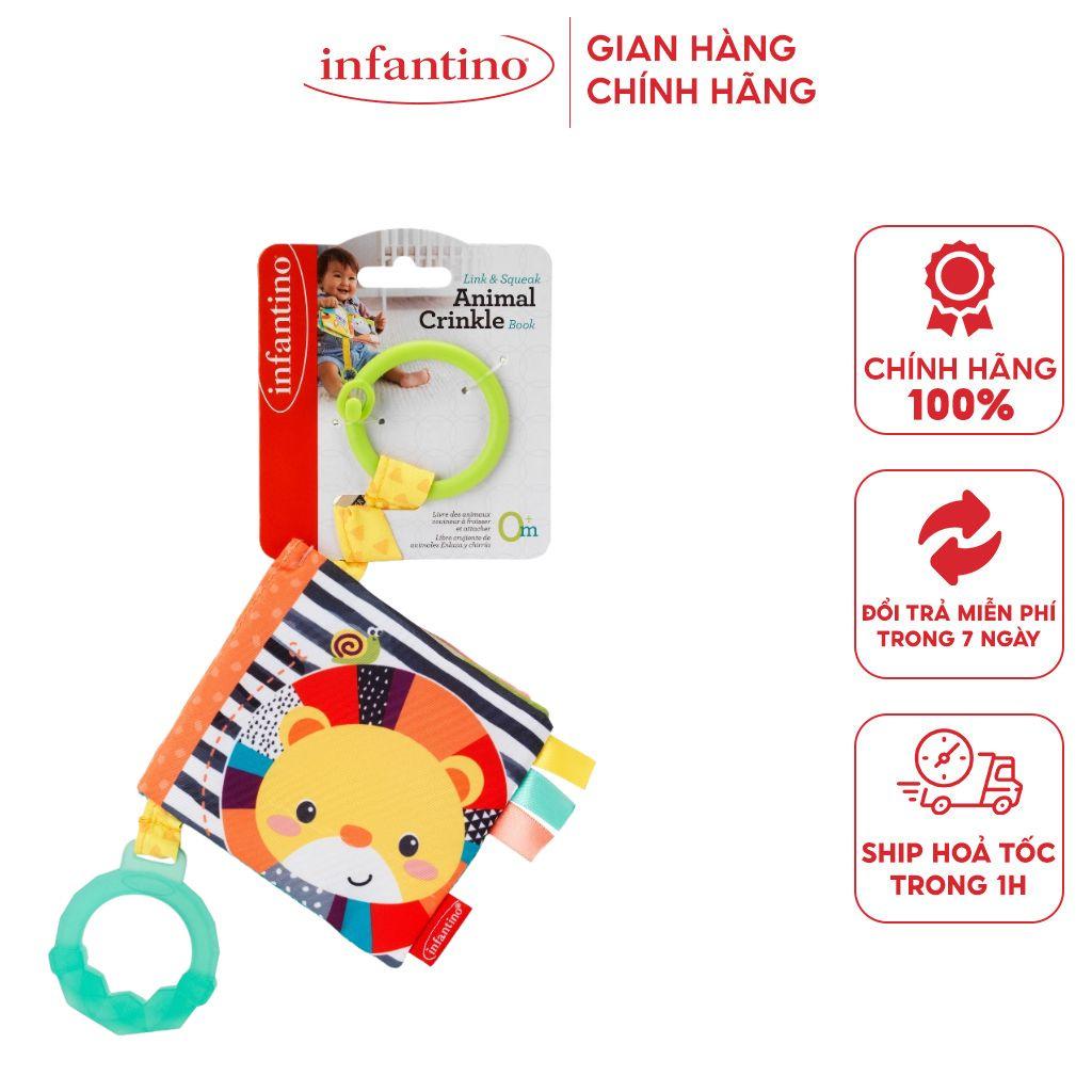 Sách Vải Treo Có Tiếng Sột Soạt Kiêm Gặm Nướu INFANTINO Link &amp; Squeak Animal Crinkle Book Đồ Chơi Dành Cho Bé Từ 0M