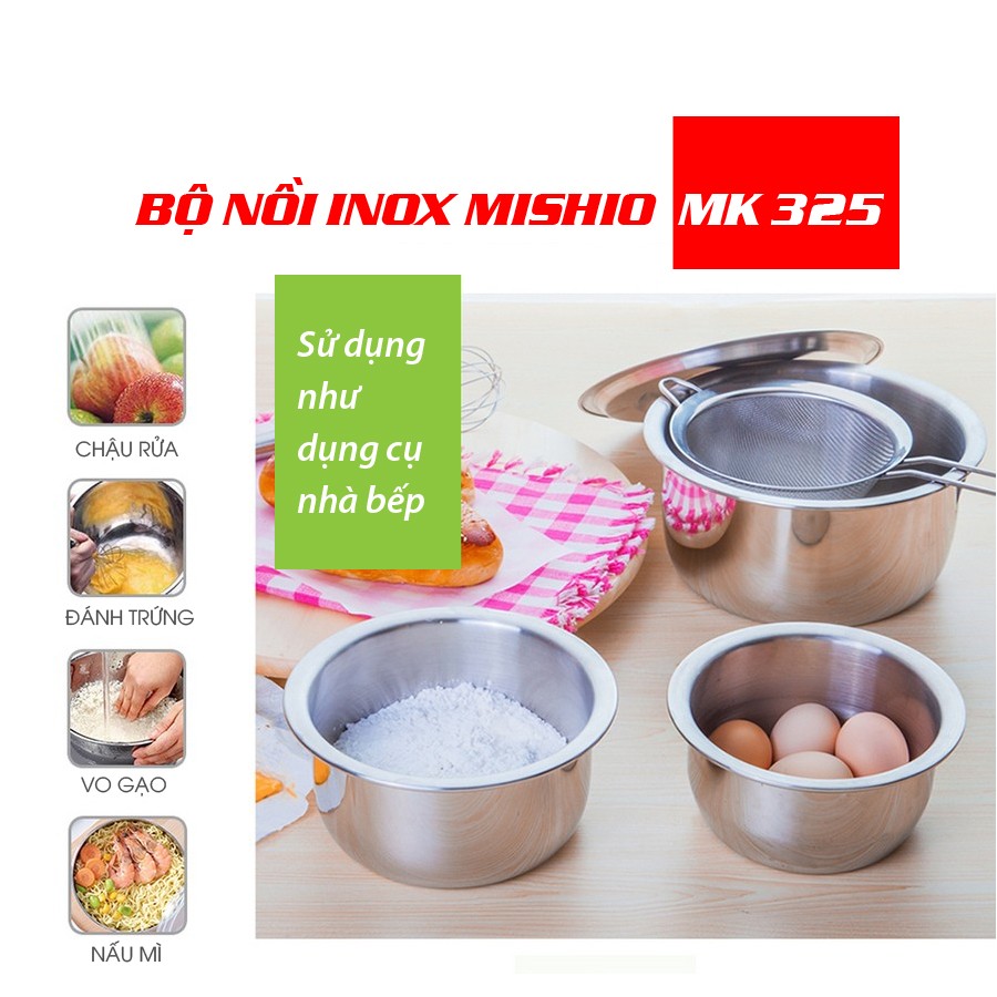 Bộ 07 Nồi Inox Đa Năng Mishio MK 325 (Inox 410) Gồm 7 Nồi + Kèm 01 Xửng Hấp - Sử Dụng Cho Mọi Loại Bếp