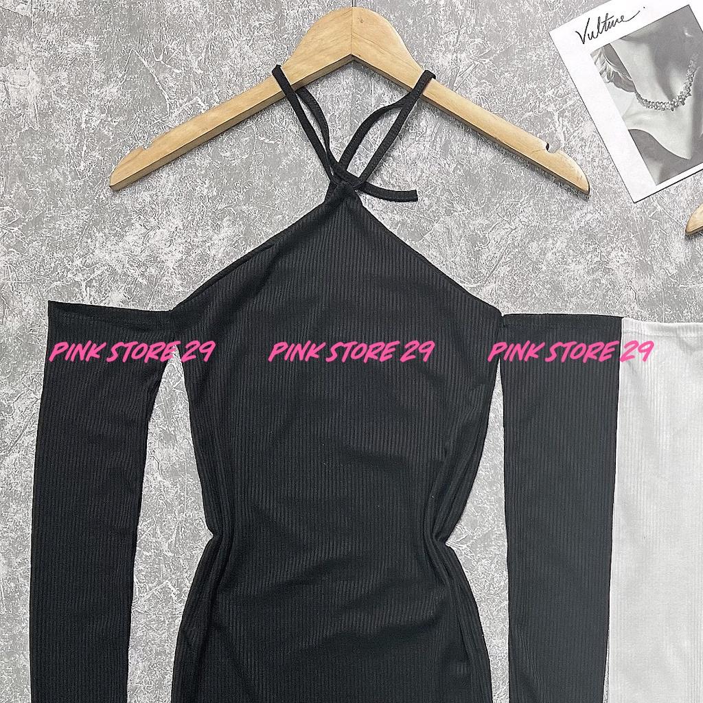 Đầm Body Trễ Vai Tay Dài PINKSTORE29 Phối Cổ Yếm, Tôn Dáng Gợi Cảm D053