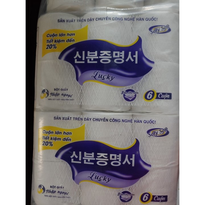 Lốc 6 cuộn khăn giấy vệ sinh Lucky Hàn Quốc không lõi, Giấy vệ sinh Lucky 3 lớp dày min siêu thấm