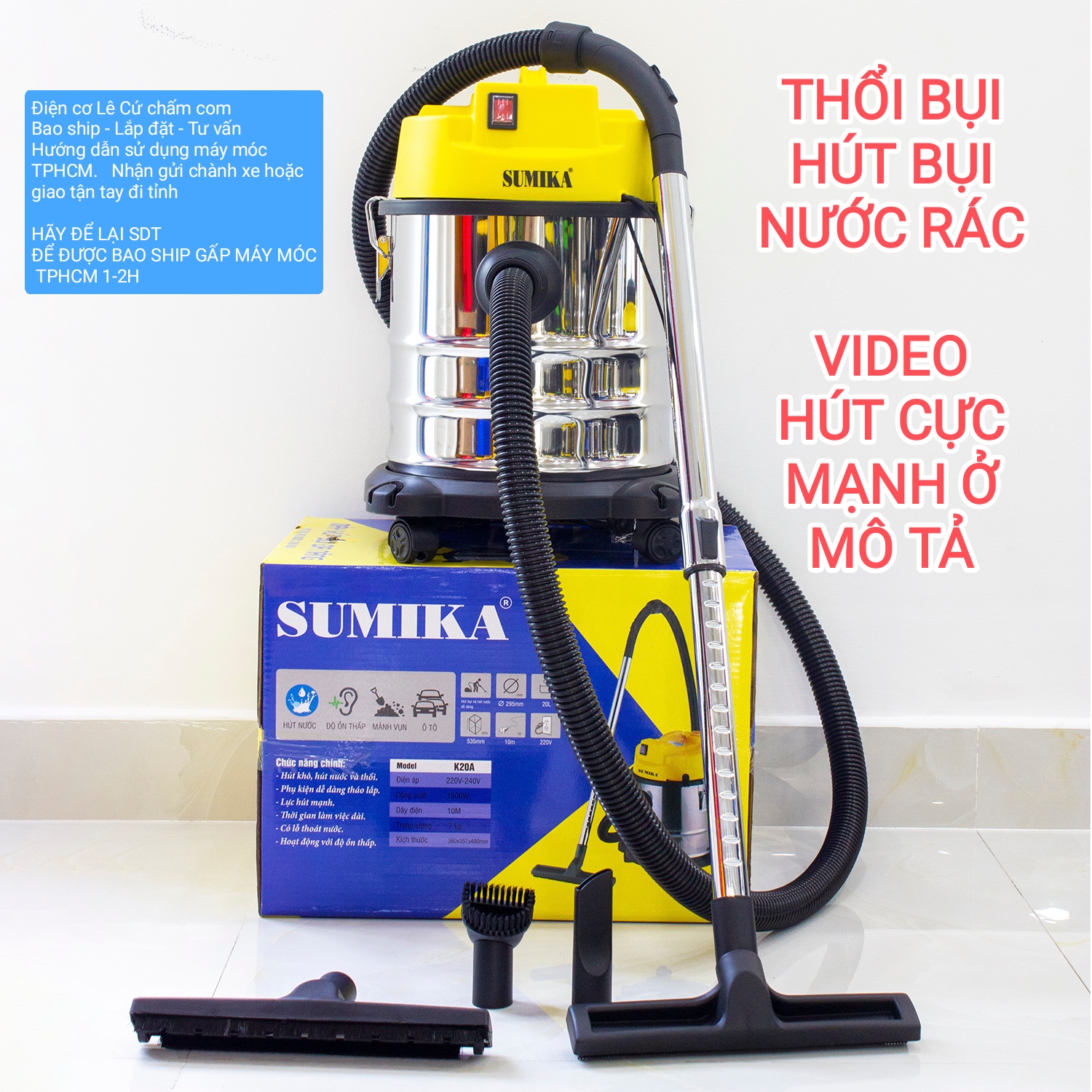 Máy hút bụi công nghiệp 20 Lít 1500W Hiclean - Máy hút bụi văn phòng và gia đình Bao ship gấp TPHCM 1-2H