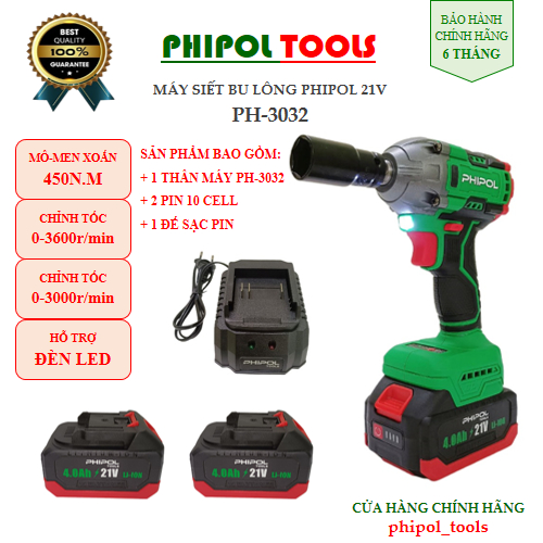 Combo Máy siết bu lông 21V động cơ không chổi than PHIPOL TOOLS PH3032 Kèm 2 pin và sạc - Hàng Chính Hãng