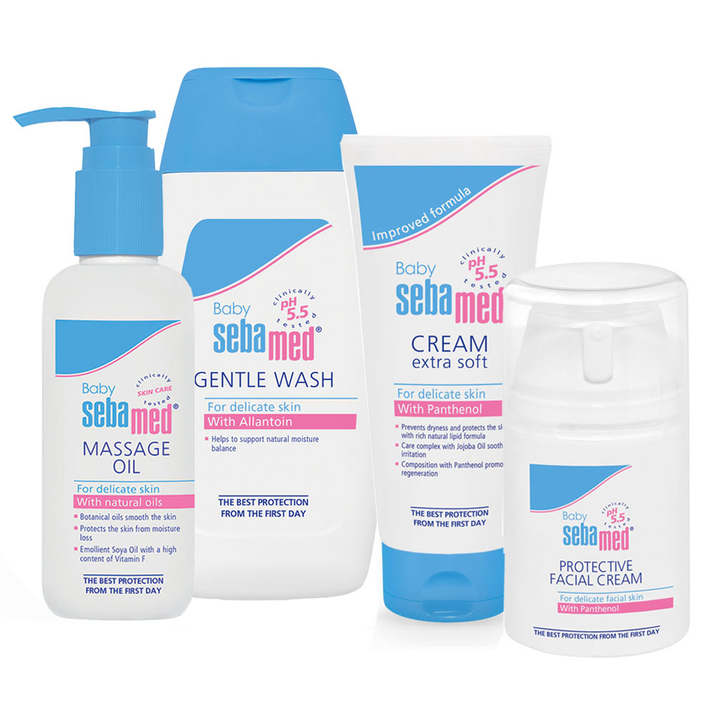 Combo Chăm Sóc Da Toàn Diện Cho Trẻ Nhỏ Sebamed Từ Đức Làm Sạch Dịu Nhẹ Ngăn Ngừa Khô Da - Hăm Da - Chàm Sữa ( Sữa Tăm Gội 2 Trong 1 200ml, Kem Hỗ Trợ Trị Hăm Tã 50ml, Kem Bảo Vệ Da Ngăn Chàm Sữa 50ml, Tinh Dầu Massage 150ml)