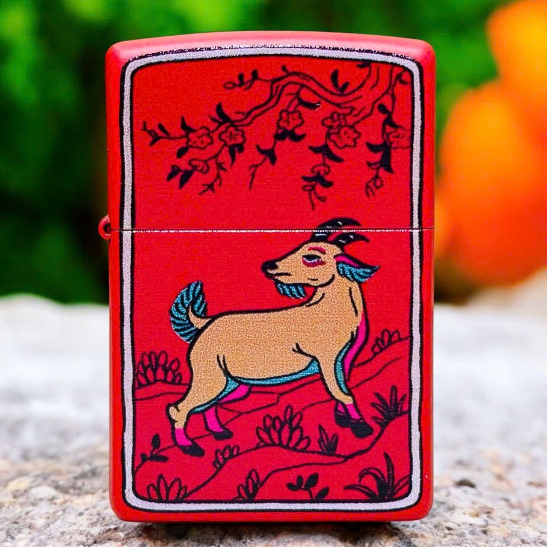 Bật lửa Zippo Year of the Goat - Phiên Bản 12 Con Giáp (Tuổi Mùi) Thiết Kế Việt Nam, Sơn Tĩnh Điện Đỏ May Mắn Chính Hãng