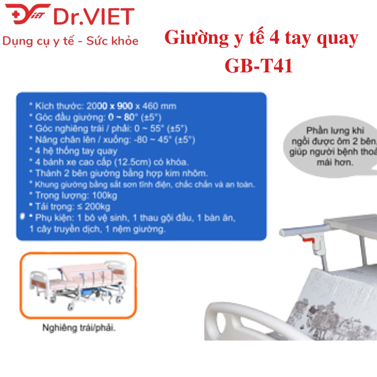 Giường bệnh nhân đa năng 4 tay quay Lucass GB-C41 (GB-T41) Chính hãng - Nâng chân, nghiêng lưng, nâng đầu, có bô vệ sinh, chậu gội đầu