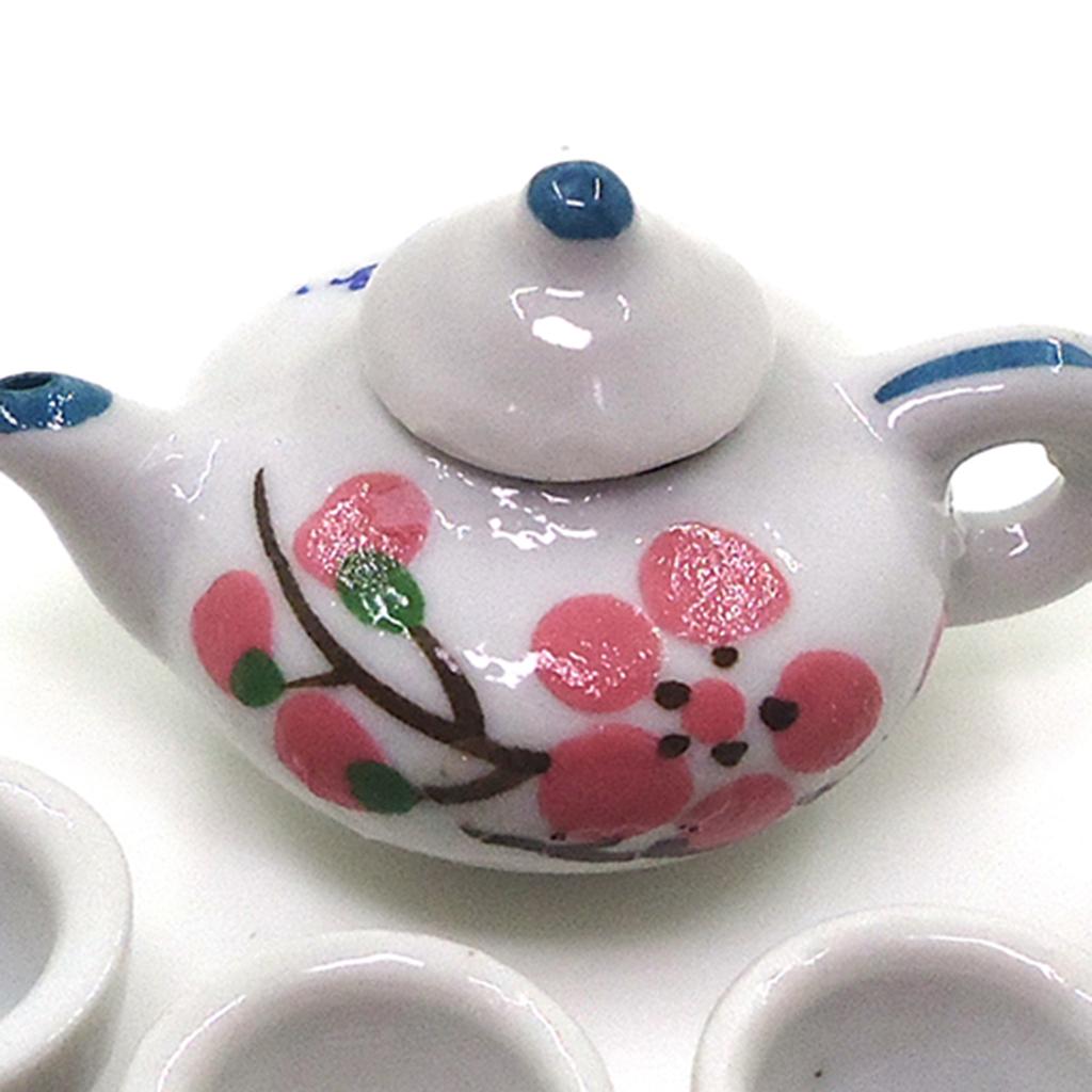 1/12 Dollhouse Porcelain Tea Set with Tea Pot Tea Cups and Tray for Dollhouse Miniature Kitchen Accessories