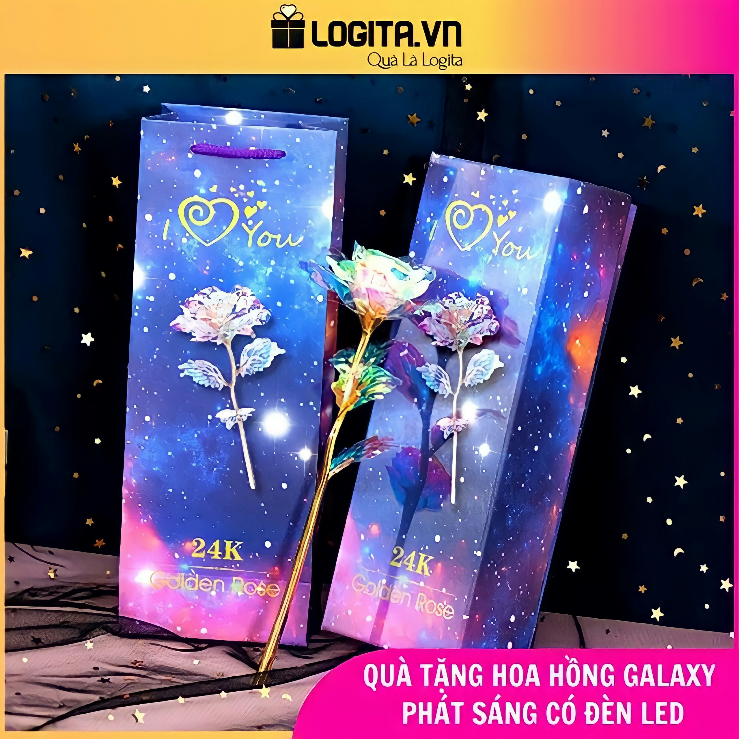 Quà Valentine, Quà 8/3 Tặng Mẹ, Tặng Vợ, Tặng Cô Giáo, Quà Sinh Nhật Ý Nghĩa Tặng Người Yêu, Tặng Bạn Gái - Hoa Hồng Galaxy Phát Sáng Có Đèn Led Golden Rose (Phiên Bản Đặc Biệt)