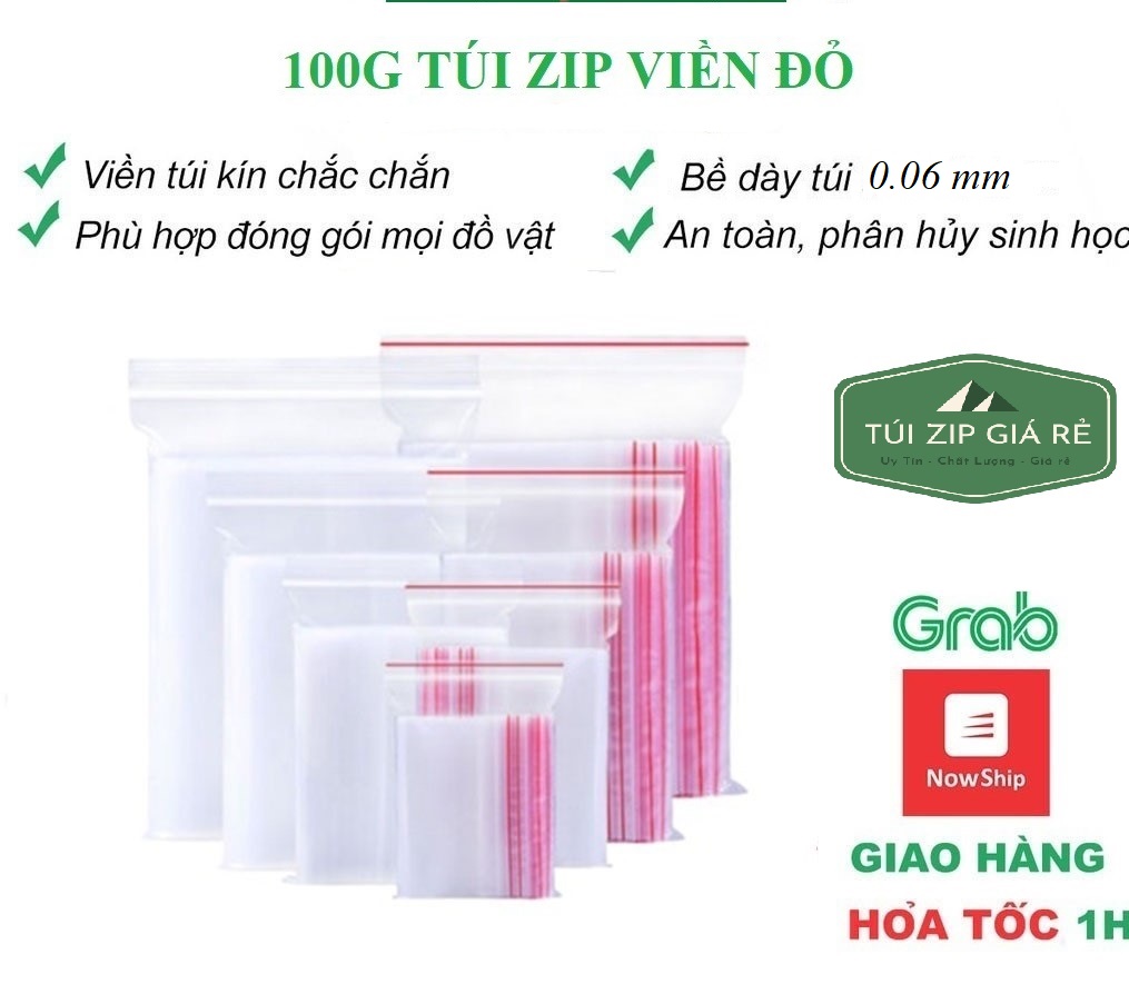 Túi zip chỉ đỏ khóa đựng hàng bấm miệng loại mỏng 0.06mm nhiều kích thước- 100g