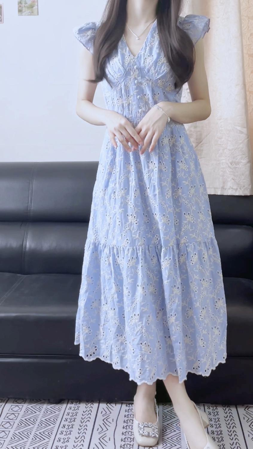 SHUANGYAN Phong cách Pháp ngọt ngào khí chất màu xanh cam cuống váy nữ sinh mùa hè thu eo lộ vẻ gầy trung dài mảnh hoa váy