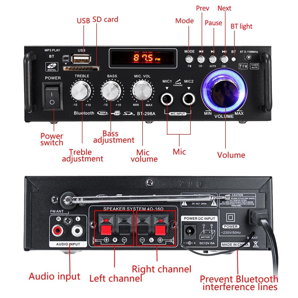 ROGTZ - Amply Mini Gia Đình BT-298A Công suất khủng 40W+40W Kết nối Bluetooth Hỗ trợ FM Radio Điện áp 220V/DC12V Pin CR2052 Tỉ lệ méo tiếng thấp SNR cao Nhỏ gọn Dễ sử dụng Gia đình Karaoke Âm nhạc - Hàng Chính Hãng