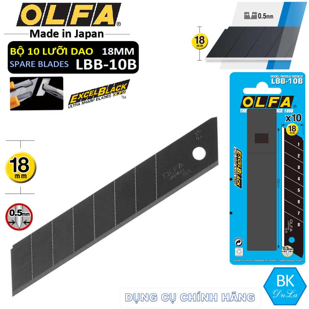 Hộp 10 Lưỡi dao cắt rọc UltraSharp 18mm Nhật OLFA LBB-10B- màu đen