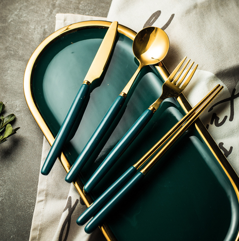 Set dao muỗng nĩa cao cấp 4 món CUTLERY MALACHITE GREEN