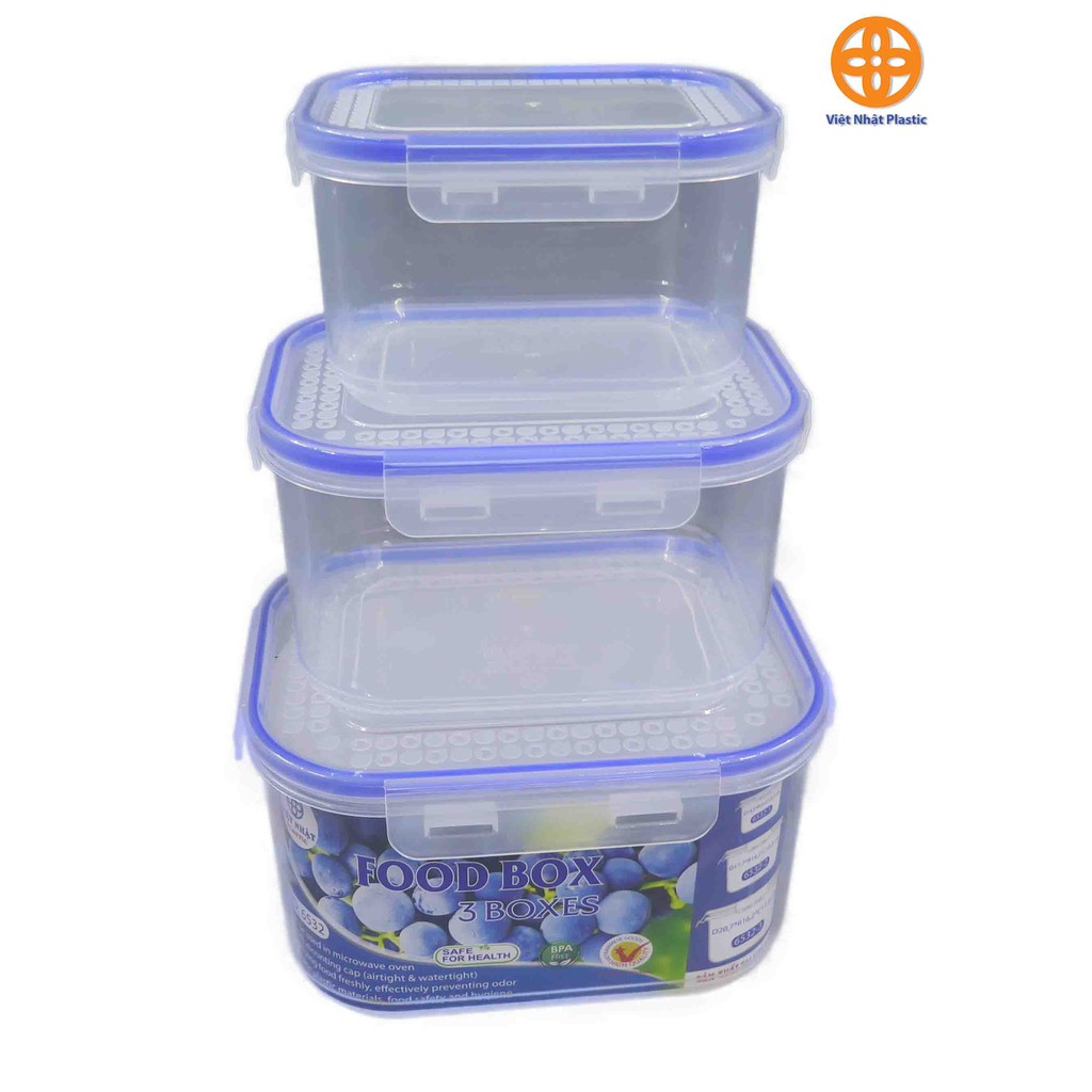 Bộ 3 Hộp Đựng Thực Phẩm Cao Cấp Việt Nhật Mã 6532 Bảo Quản Thực Phẩm Trong Tủ Lạnh Nắp Đậy Có Ron Chống Tràn, Chống Đổ