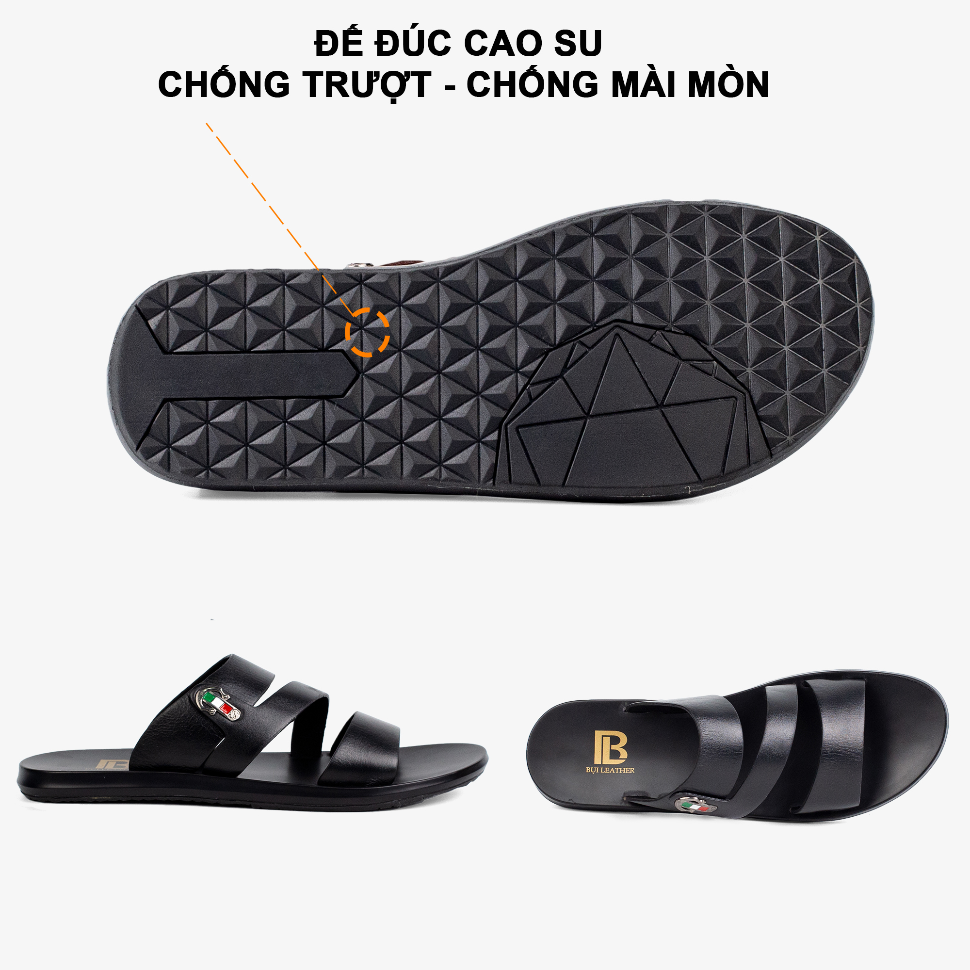 Dép nam quai ngang da bò Nappa cao cấp Bụi Leather E104, đế đúc nguyên khối đi êm chân, BH 12 Tháng