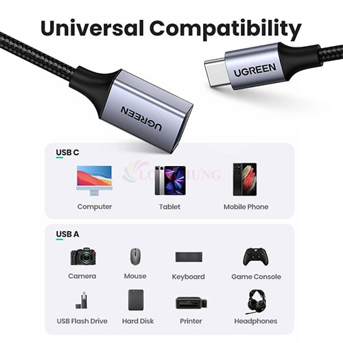 Cổng chuyển đổi Ugreen USB-C to USB 3.0 OTG Cable Alu Case with Braid US378 70889 - Hàng chính hãng