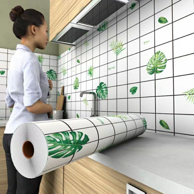 Combo 3 mét giấy dán bếp, decal dán bếp tráng nhôm Ô KẺ LÁ XANH khổ 60cm có keo sẵn