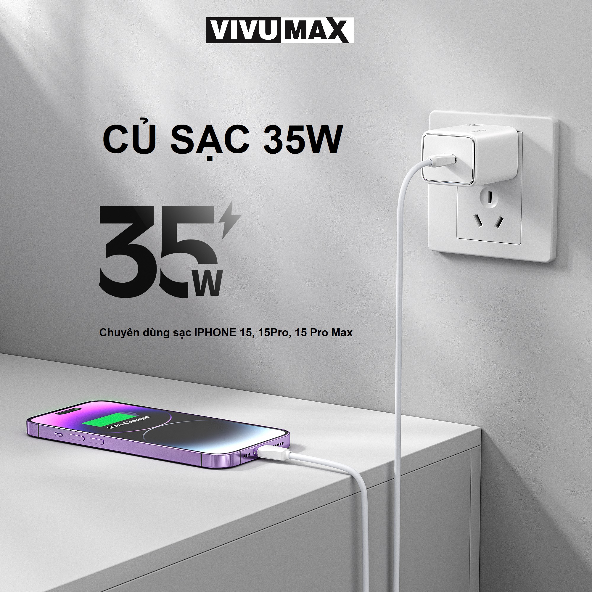 Củ sạc nhanh 1 cổng PD 35W Vivumax PD35 màu trắng - Hàng Chính Hãng, Bảo Hành Chính Hãng