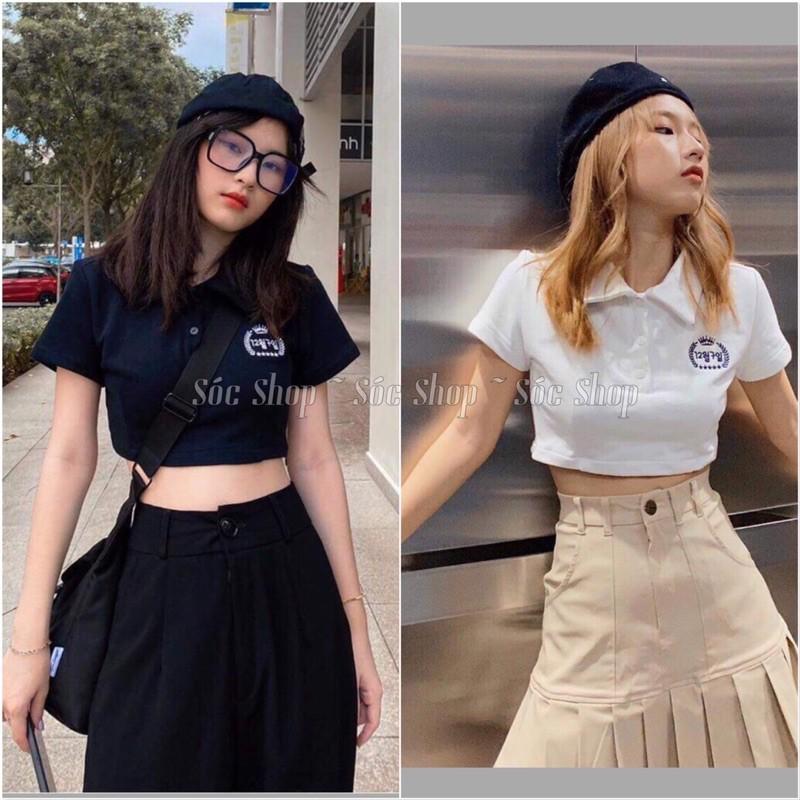 Áo Polo Croptop Cổ Trụ Thêu Chữ Hàn Quốc Nữ